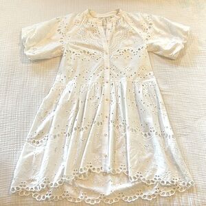 Anthropologie Eyelet Button Down Puff Sleeve High Low Dress w/ Slip, Small